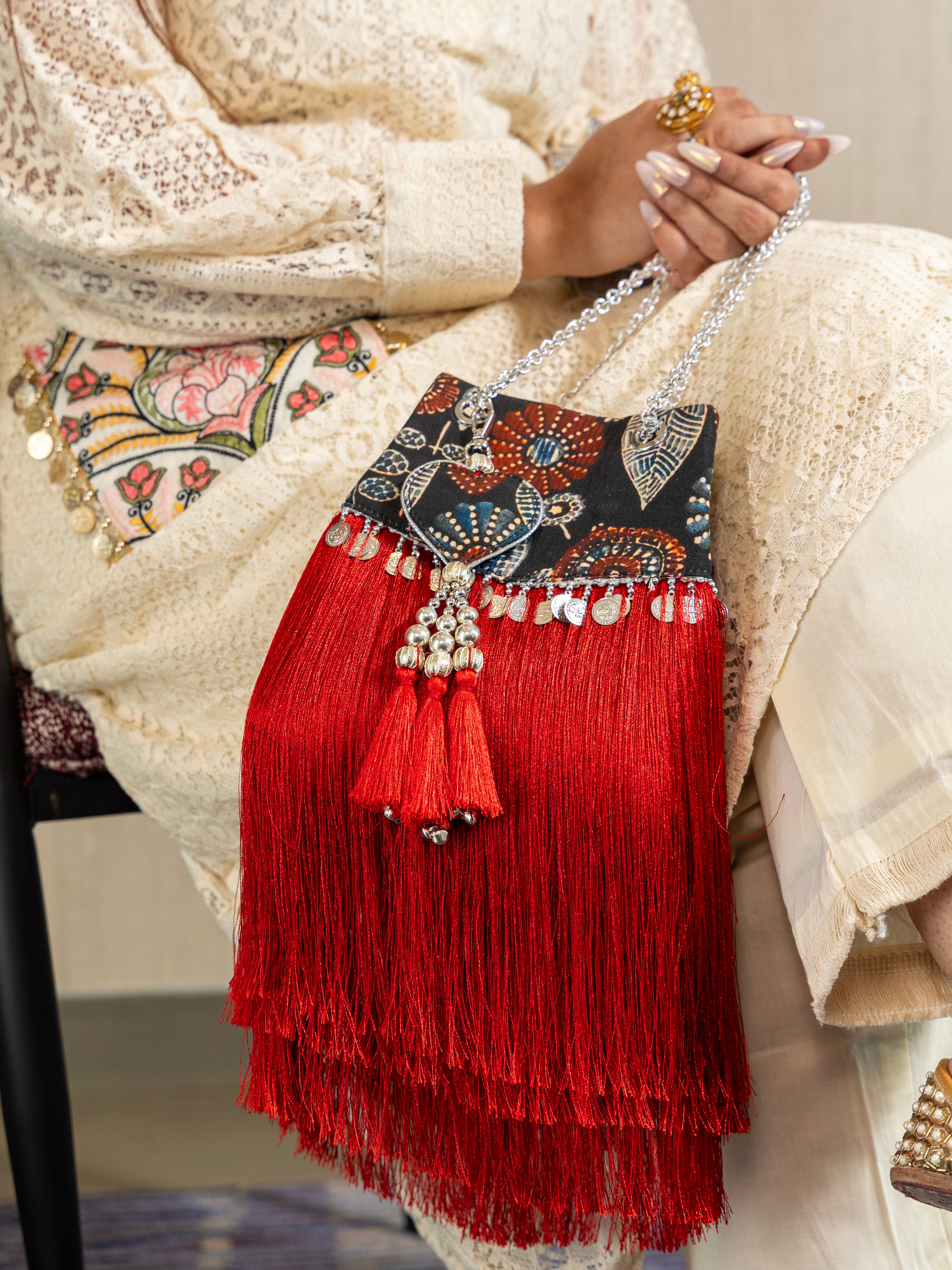Red Jharoka Ajrakh Fringe Bag - Suave Bags  #