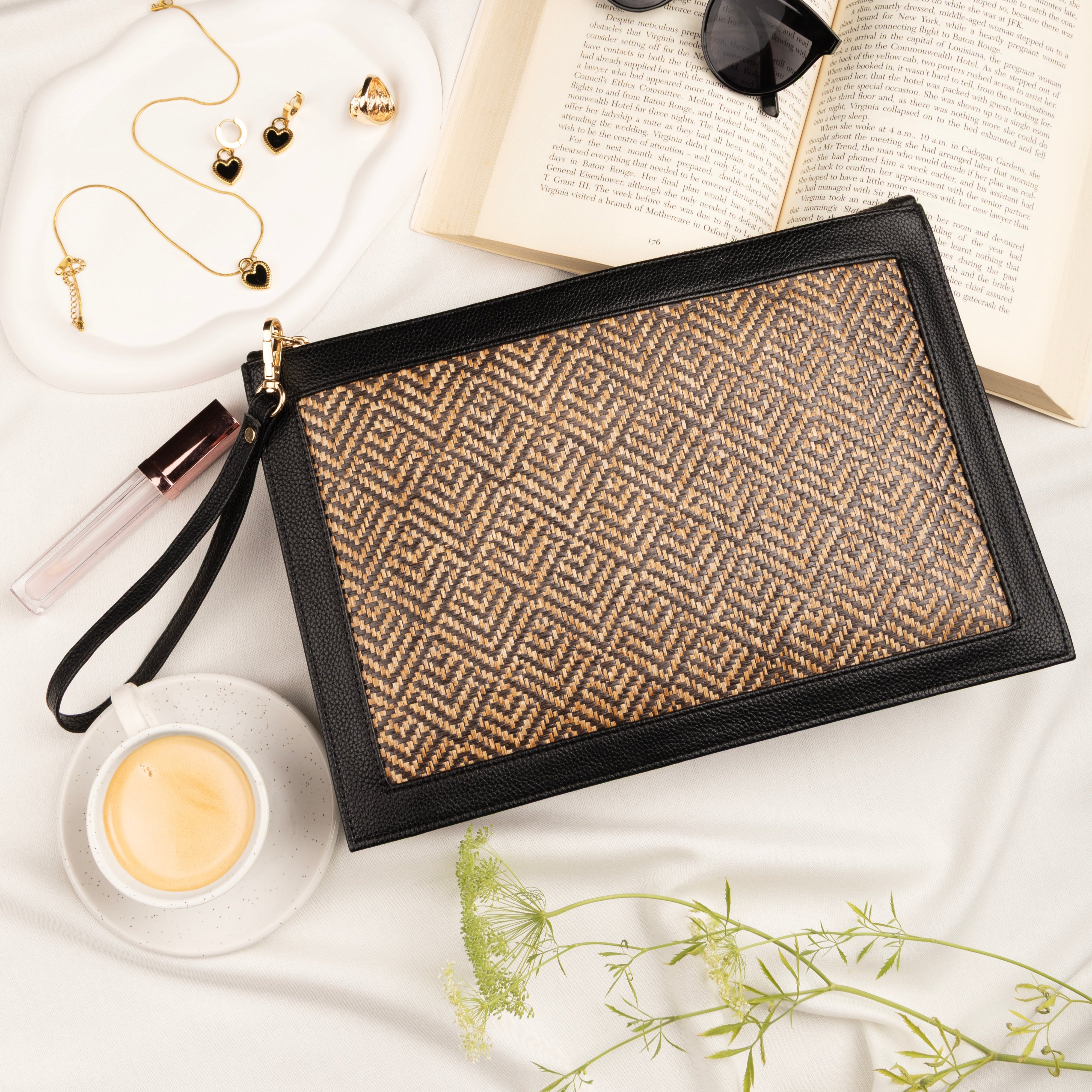 The Veve Envelope Clutch - Handwoven Bamboo Cane and Vegan Leather Wristlet (Natural Black) - Suave Bags  #