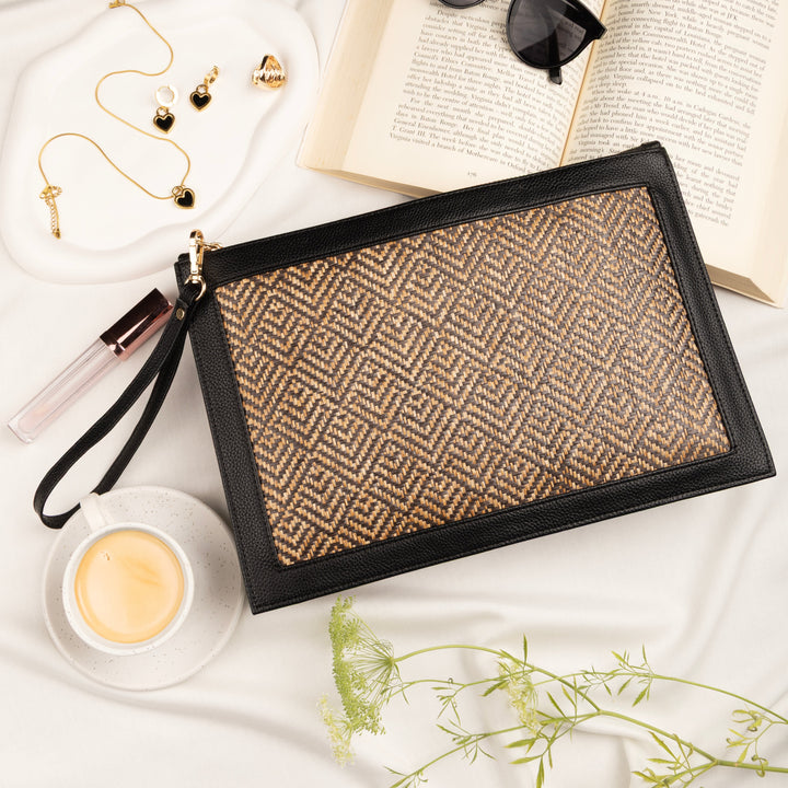 The Veve Envelope Clutch - Handwoven Bamboo Cane and Vegan Leather Wristlet (Natural Black) - Suave Bags Default Title