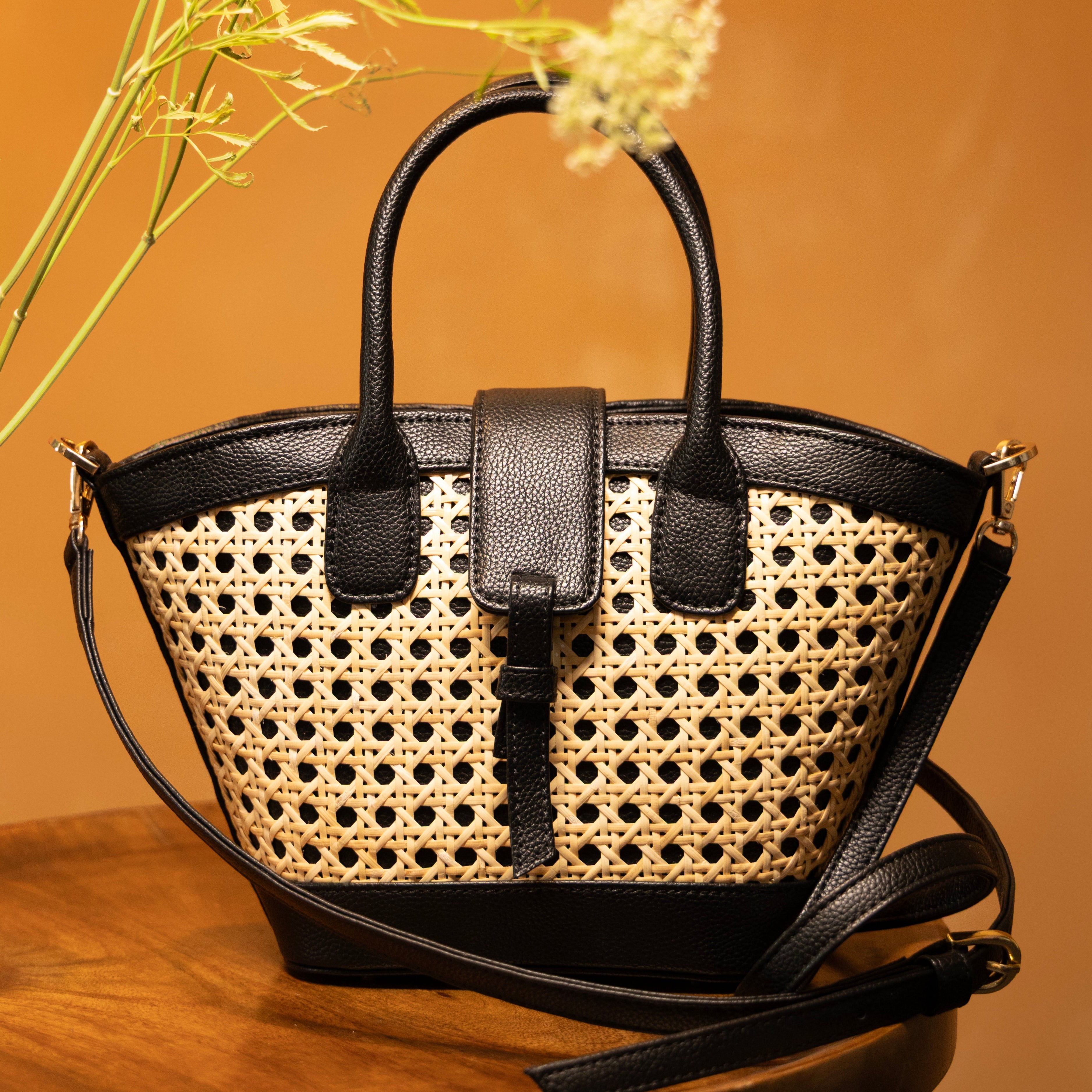 Solana Handbag – Handwoven Bamboo Cane & Vegan Leather Bag (Natural Black) - Suave Bags  #