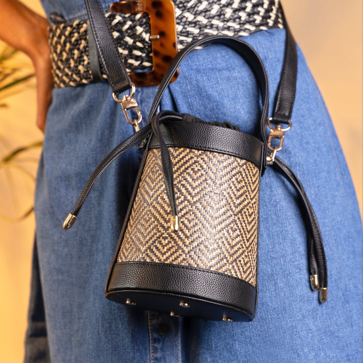 The Amara Bucket – Woven Bamboo Cane & Vegan Leather Handbag (Midnight Black) - Suave Bags Default Title