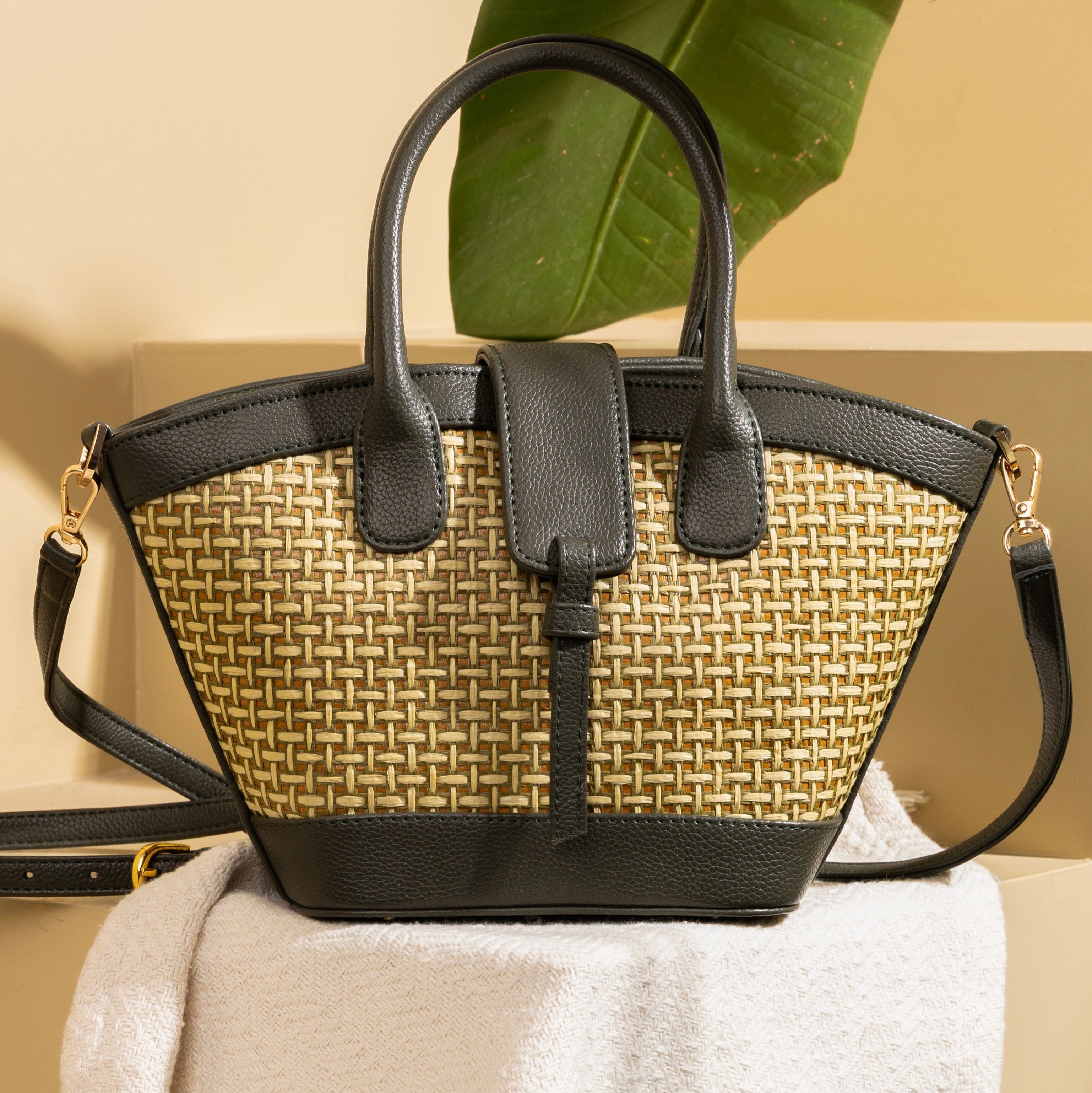 Solana Handbag – Handwoven Bamboo Cane & Vegan Leather Bag (Olive) - Suave Bags  #