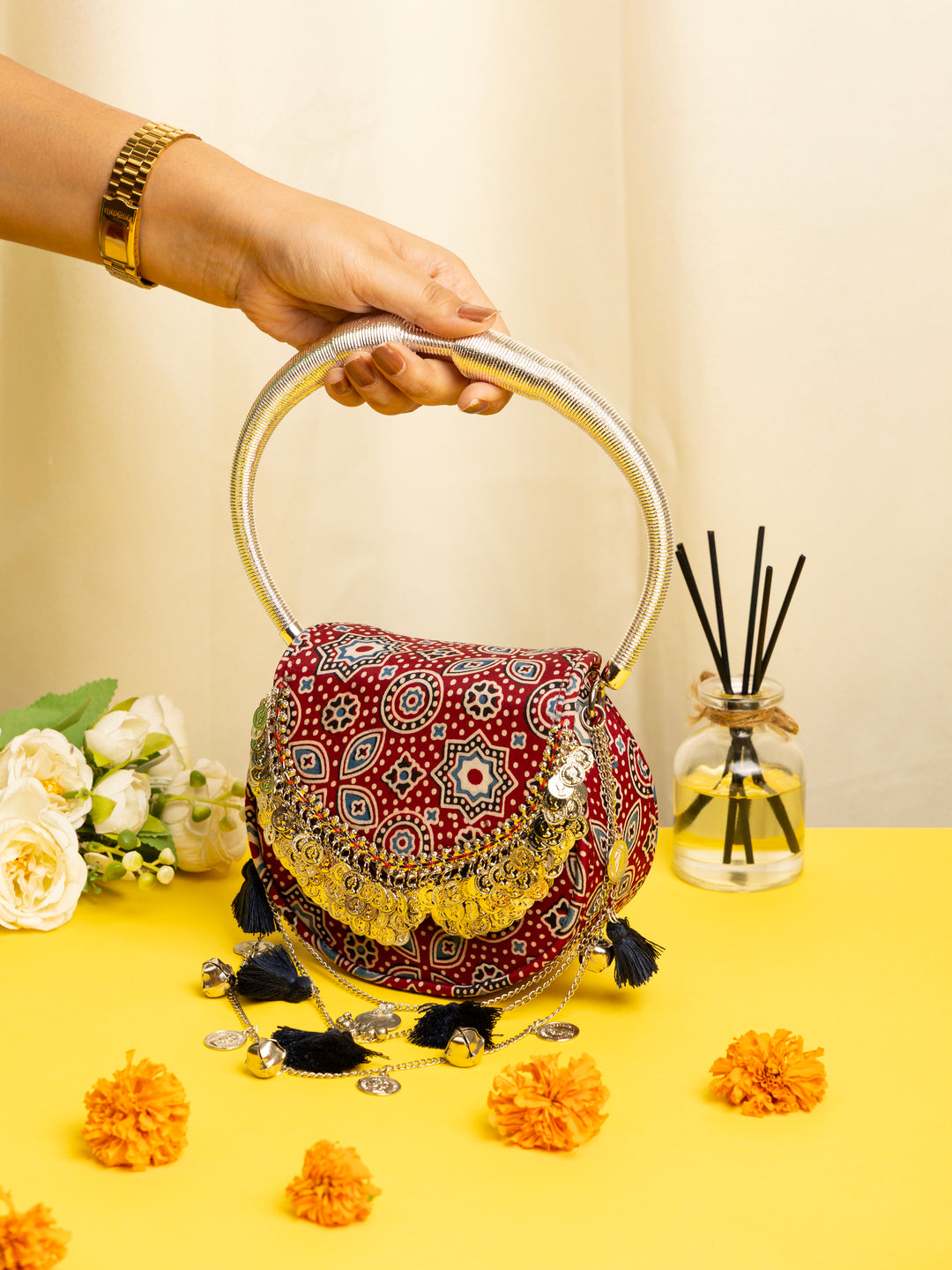 Maroon Jhoomar Ajrakh Handbag - Suave Bags