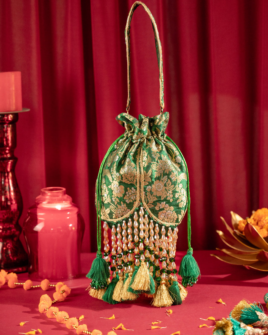 Emerald Green Meera Tasseled Potli - Suave Bags