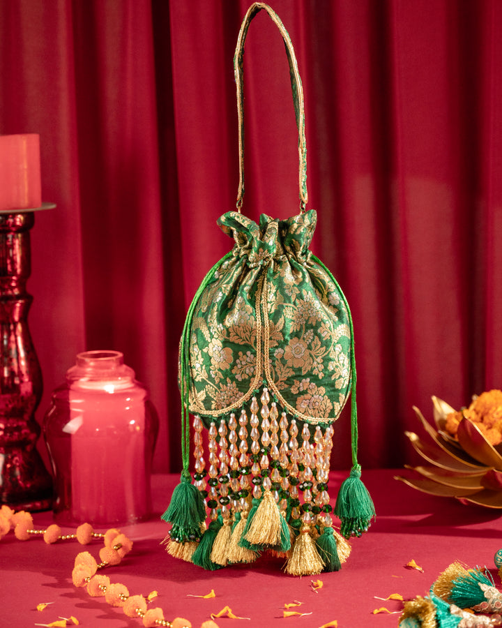 Emerald Green Meera Tasseled Potli - Suave Bags