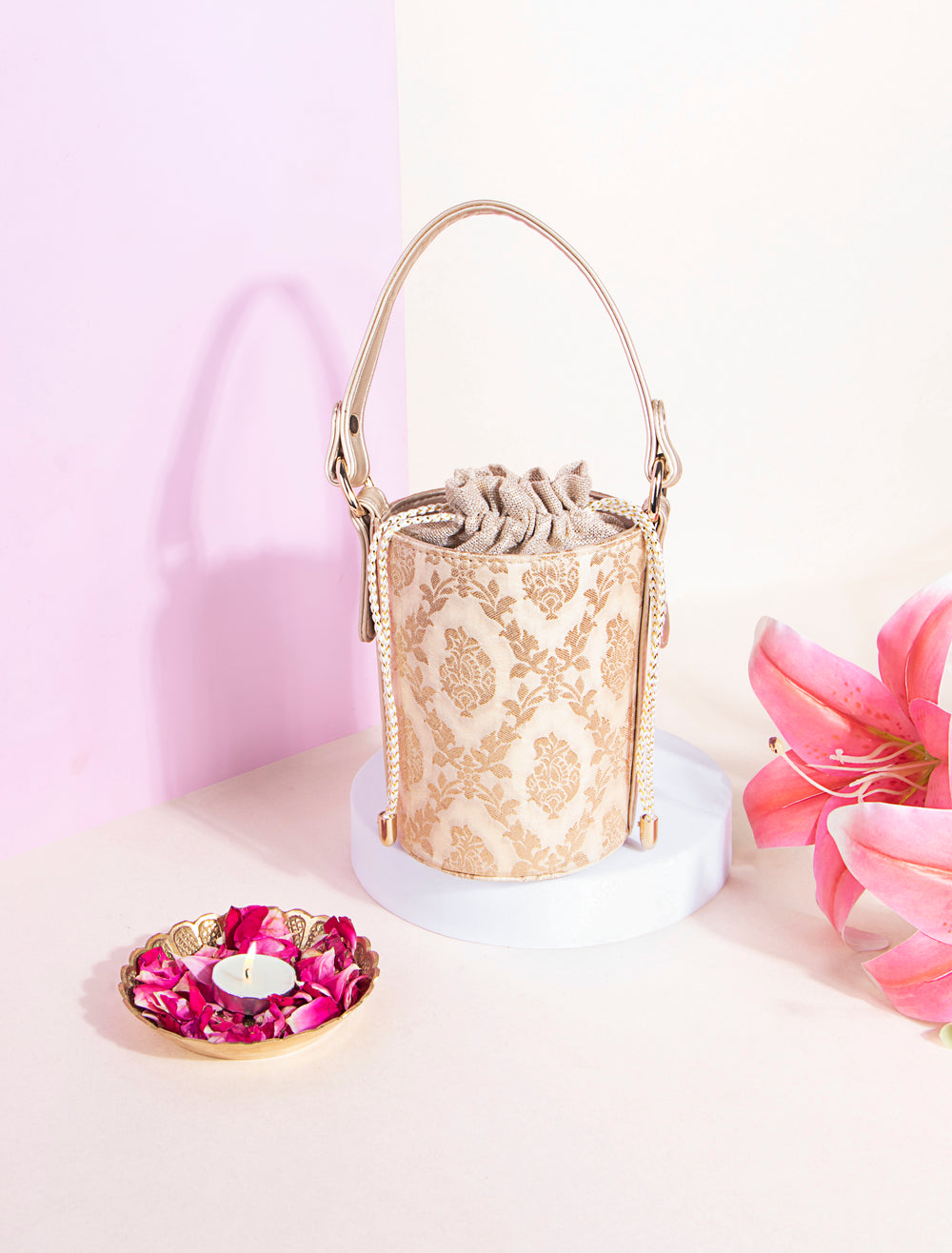 Off White Anokhi Brocade Bucket Bag - Suave Bags