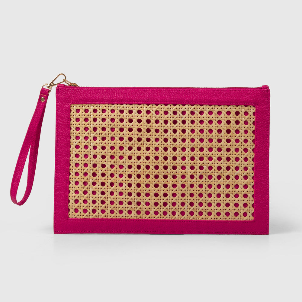 The Veve Envelope Clutch - Handwoven Bamboo Cane and Vegan Leather Wristlet (Pink) - Suave Bags  #