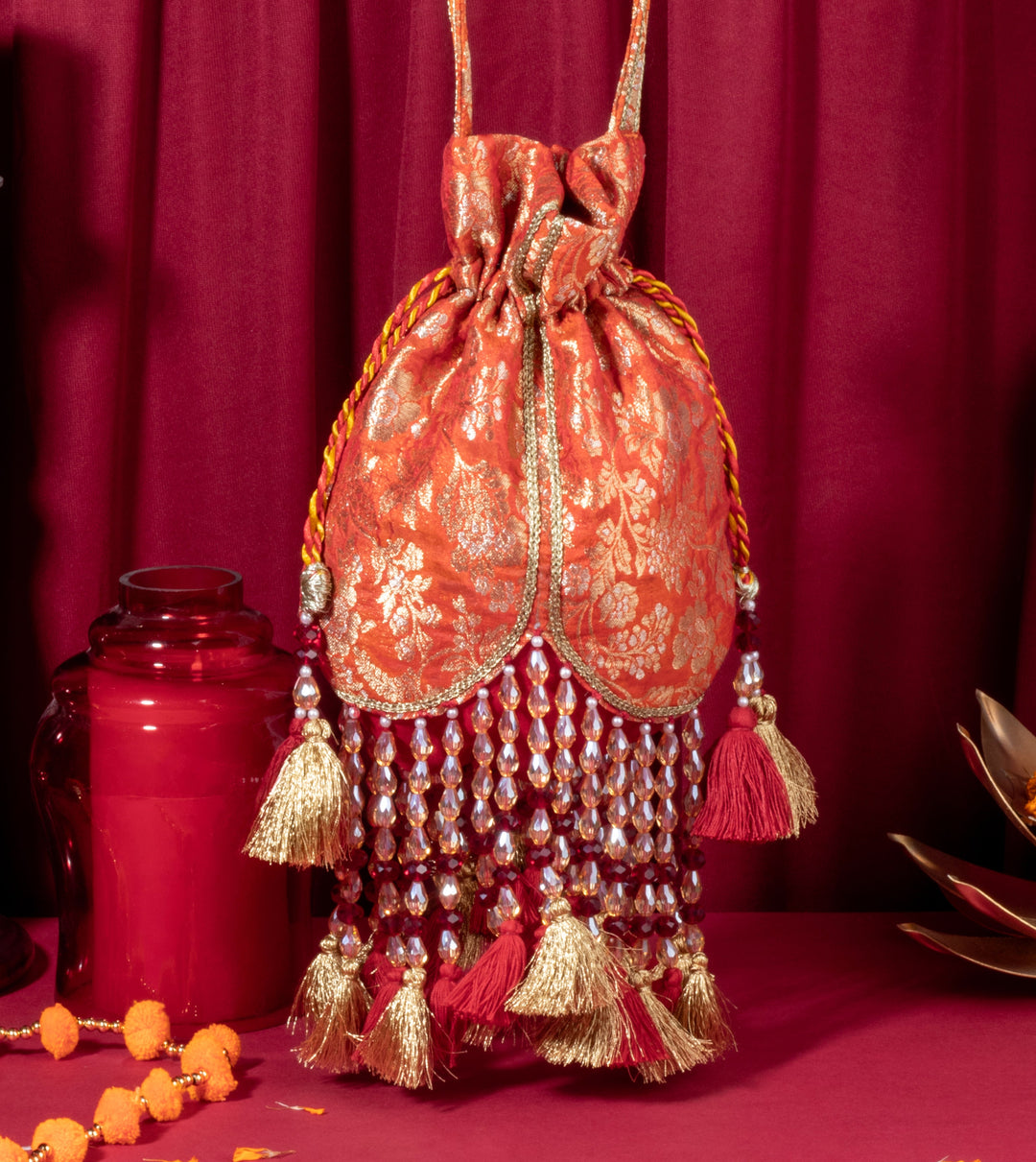 Orange Meera Tasseled Potli - Suave Bags