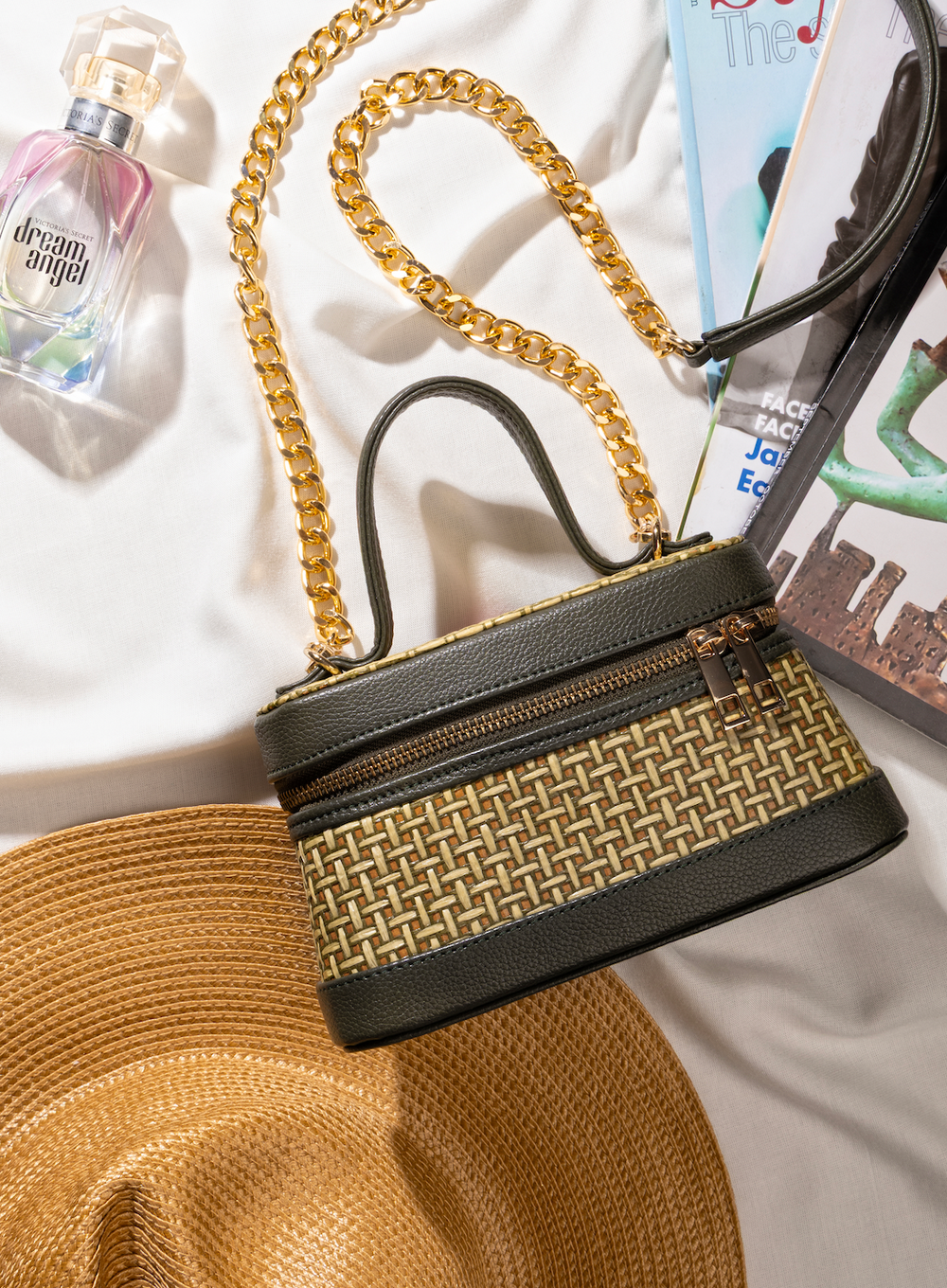 Lunara Weave Crossbody– Bamboo Cane & Vegan Leather Handbag (Olive Natural) - Suave Bags Default Title