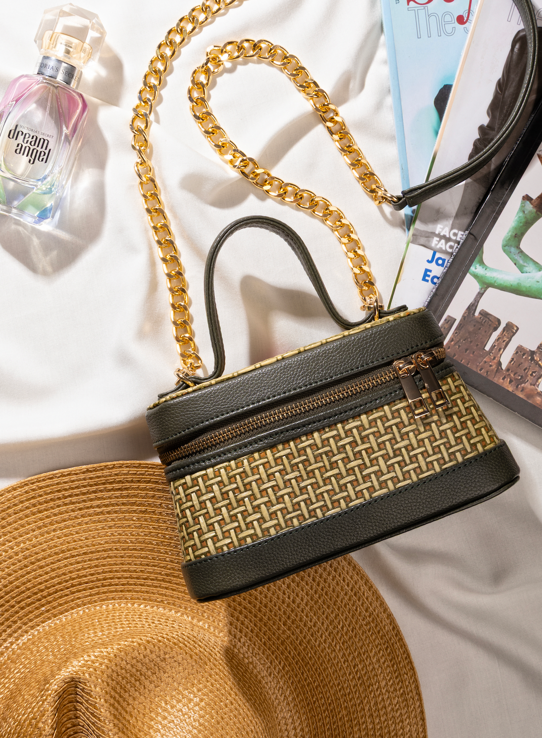 Lunara Weave Crossbody– Bamboo Cane & Vegan Leather Handbag (Olive Natural) - Suave Bags Default Title