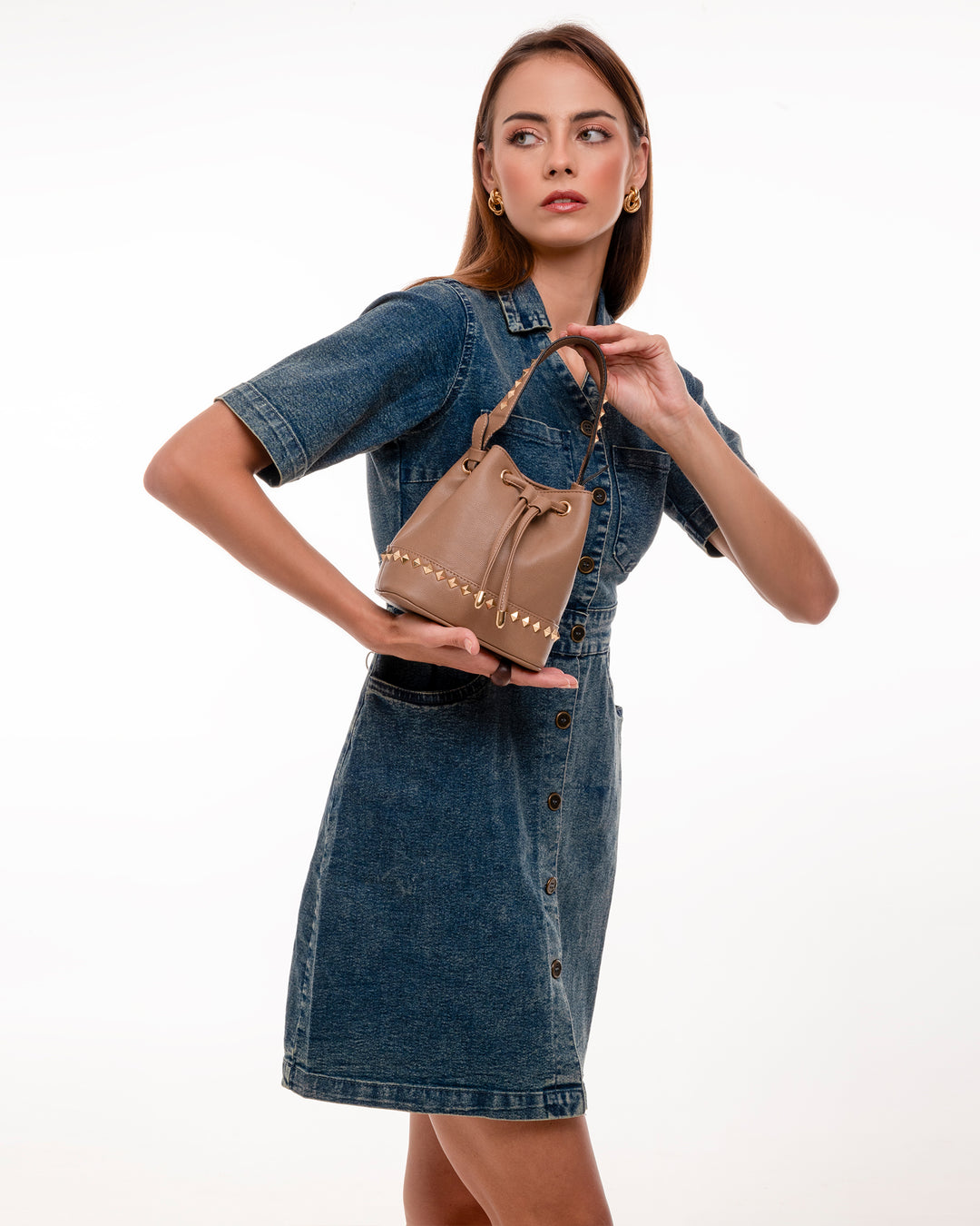 Tan Kelli Rockstud Bucket Bag - Suave Bags