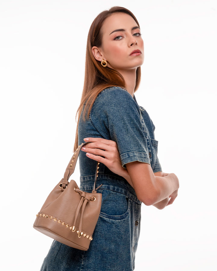 Tan Kelli Rockstud Bucket Bag - Suave Bags